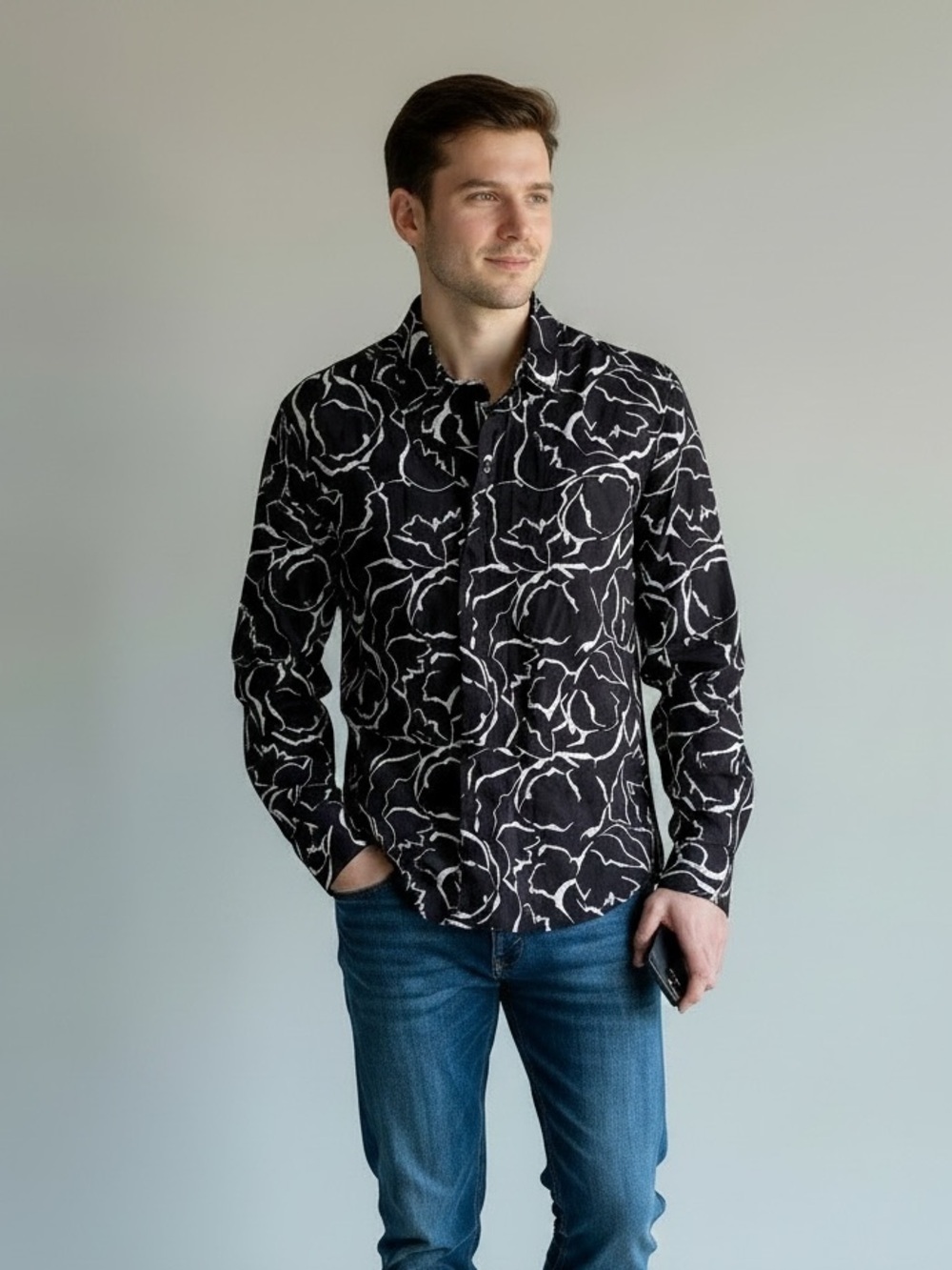 Zara Black White Floral Shirt Button Up Long Sleeve Slim Fit Preppy Classic XL